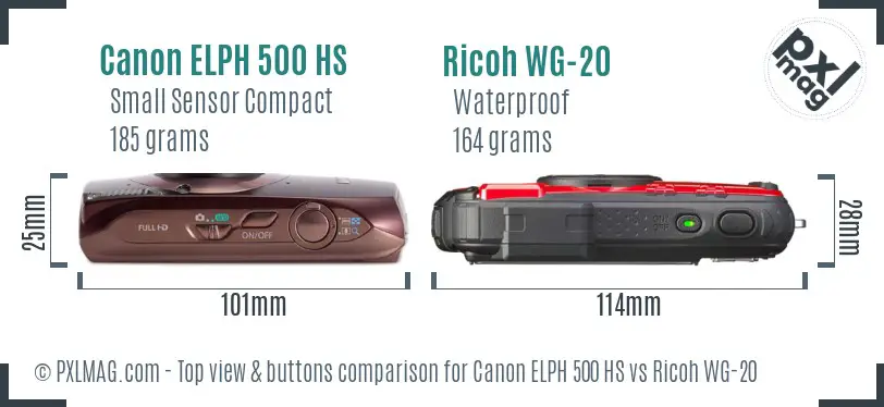 Canon ELPH 500 HS vs Ricoh WG-20 top view buttons comparison