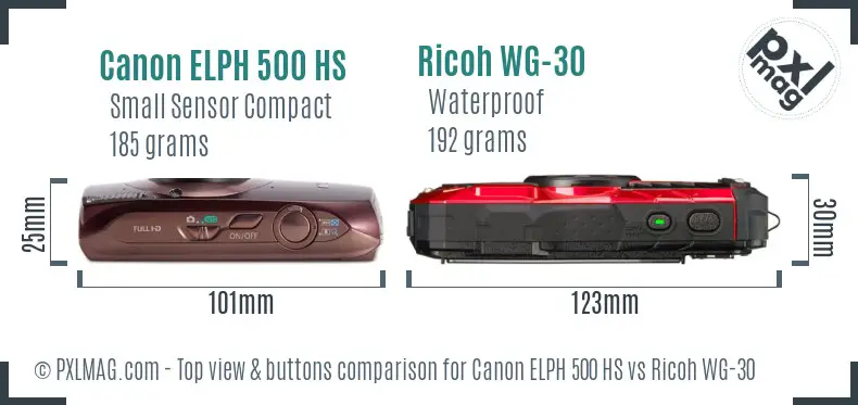 Canon ELPH 500 HS vs Ricoh WG-30 top view buttons comparison