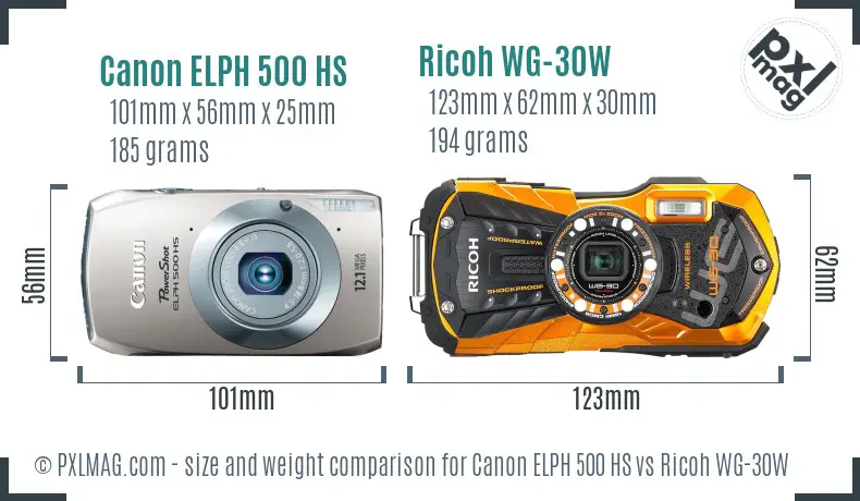 Canon ELPH 500 HS vs Ricoh WG-30W size comparison Canon ELPH 500 HS vs Ricoh WG-30W size comparison