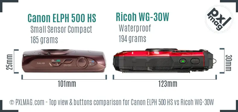Canon ELPH 500 HS vs Ricoh WG-30W top view buttons comparison Canon ELPH 500 HS vs Ricoh WG-30W top view buttons comparison