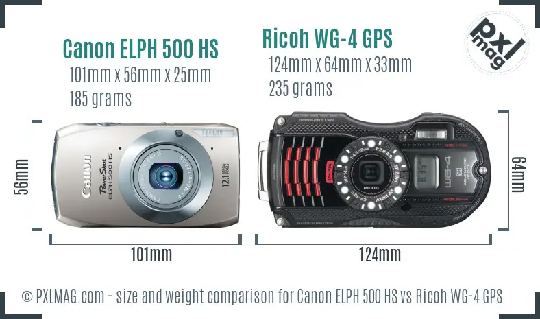 Canon ELPH 500 HS vs Ricoh WG-4 GPS size comparison Canon ELPH 500 HS vs Ricoh WG-4 GPS size comparison