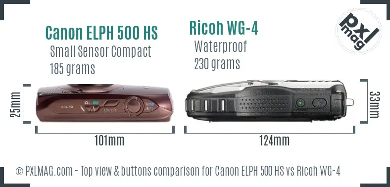 Canon ELPH 500 HS vs Ricoh WG-4 top view buttons comparison