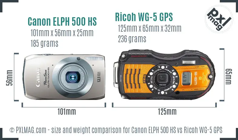Canon ELPH 500 HS vs Ricoh WG-5 GPS size comparison Canon ELPH 500 HS vs Ricoh WG-5 GPS size comparison