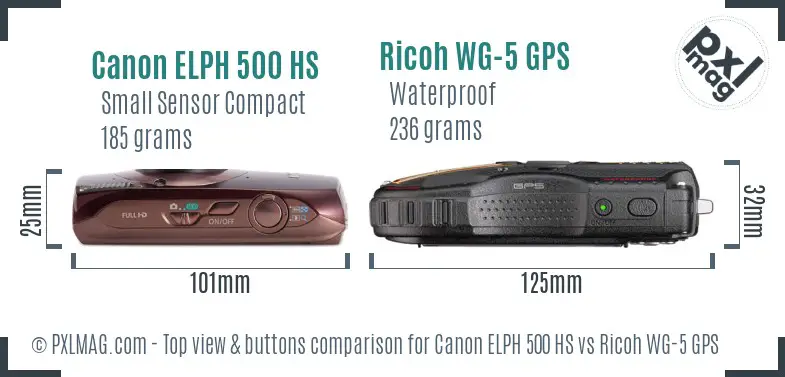 Canon ELPH 500 HS vs Ricoh WG-5 GPS top view buttons comparison Canon ELPH 500 HS vs Ricoh WG-5 GPS top view buttons comparison