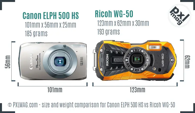 Canon ELPH 500 HS vs Ricoh WG-50 size comparison Canon ELPH 500 HS vs Ricoh WG-50 size comparison