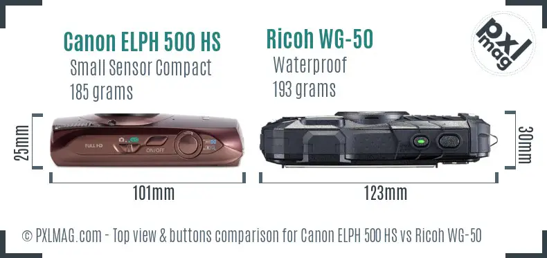 Canon ELPH 500 HS vs Ricoh WG-50 top view buttons comparison Canon ELPH 500 HS vs Ricoh WG-50 top view buttons comparison