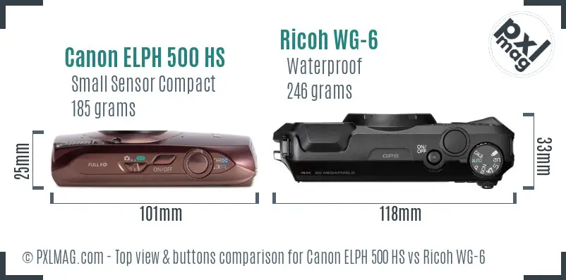 Canon ELPH 500 HS vs Ricoh WG-6 top view buttons comparison