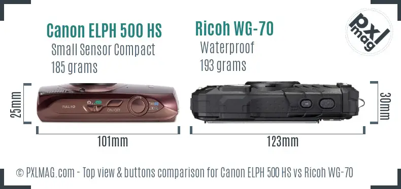 Canon ELPH 500 HS vs Ricoh WG-70 top view buttons comparison