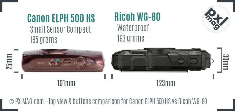 Canon ELPH 500 HS vs Ricoh WG-80 top view buttons comparison Canon ELPH 500 HS vs Ricoh WG-80 top view buttons comparison