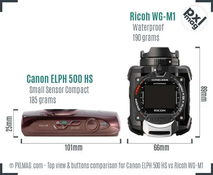 Canon ELPH 500 HS vs Ricoh WG-M1 top view buttons comparison