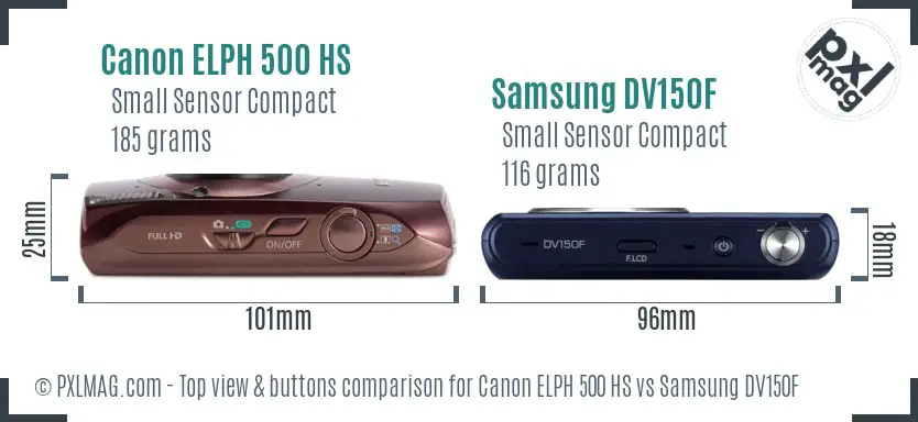 Canon ELPH 500 HS vs Samsung DV150F top view buttons comparison