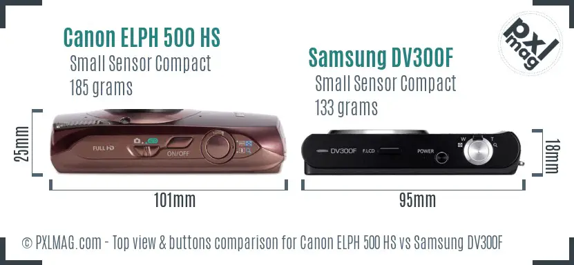 Canon ELPH 500 HS vs Samsung DV300F top view buttons comparison