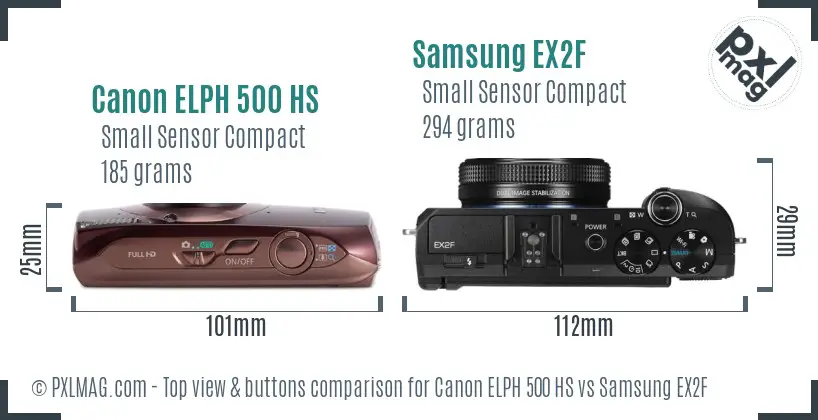 Canon ELPH 500 HS vs Samsung EX2F top view buttons comparison