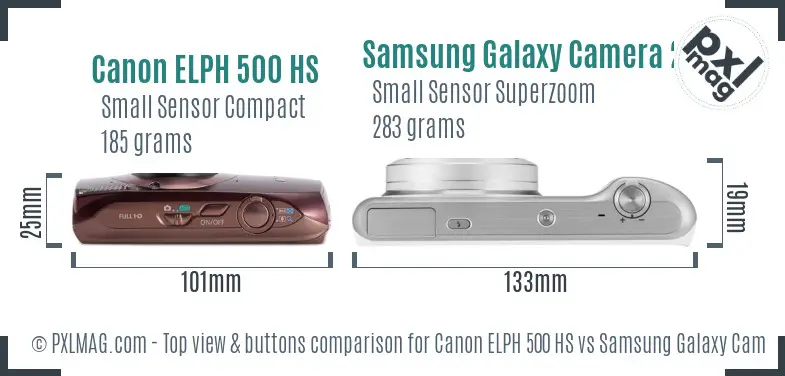 Canon ELPH 500 HS vs Samsung Galaxy Camera 2 top view buttons comparison