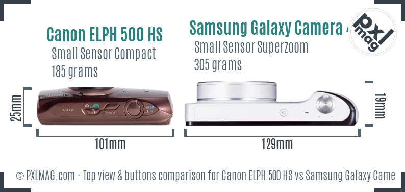 Canon ELPH 500 HS vs Samsung Galaxy Camera 4G top view buttons comparison