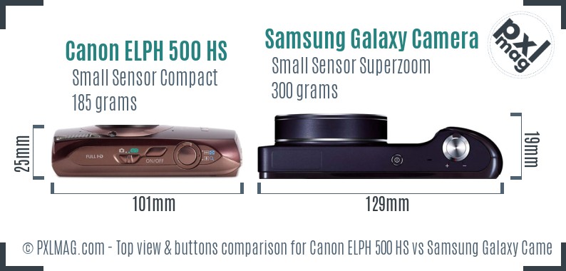 Canon ELPH 500 HS vs Samsung Galaxy Camera top view buttons comparison