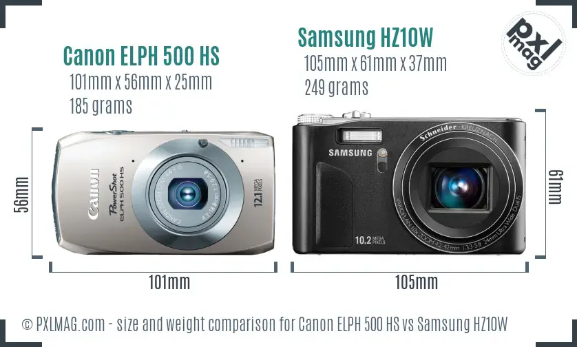 Canon ELPH 500 HS vs Samsung HZ10W size comparison