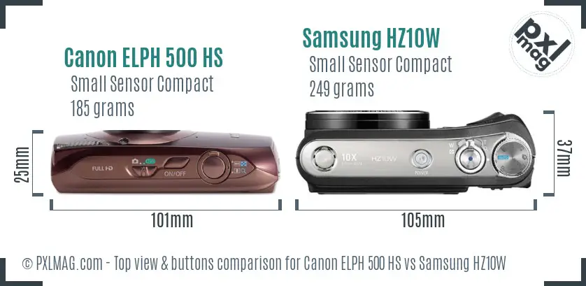 Canon ELPH 500 HS vs Samsung HZ10W top view buttons comparison