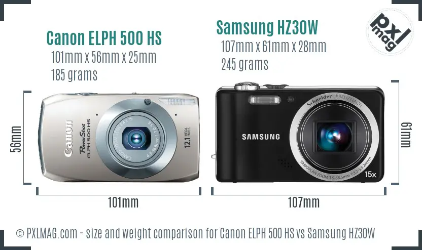 Canon ELPH 500 HS vs Samsung HZ30W size comparison