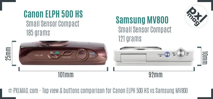 Canon ELPH 500 HS vs Samsung MV800 top view buttons comparison Canon ELPH 500 HS vs Samsung MV800 top view buttons comparison