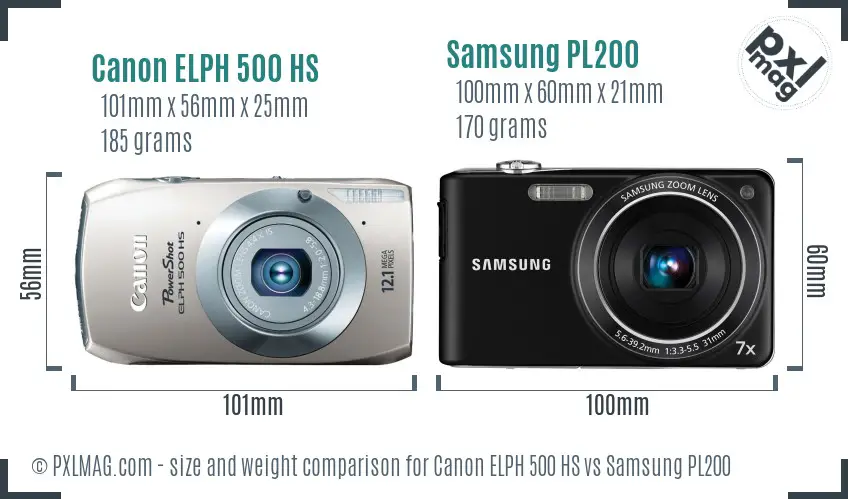 Canon ELPH 500 HS vs Samsung PL200 size comparison