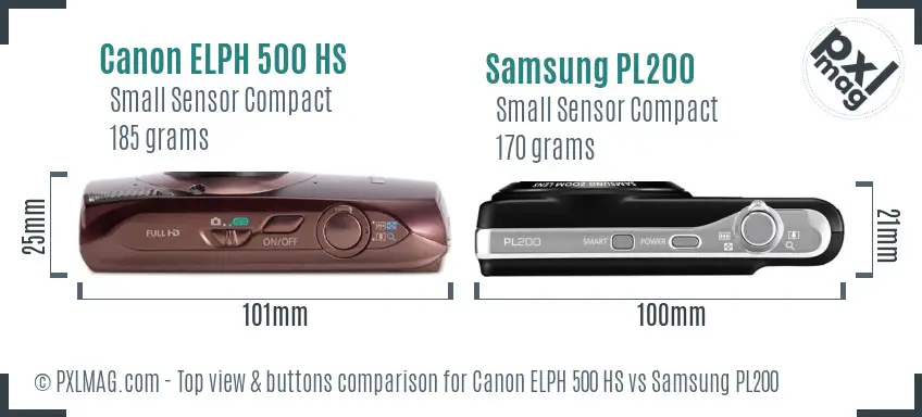 Canon ELPH 500 HS vs Samsung PL200 top view buttons comparison