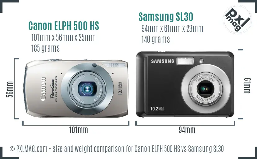 Canon ELPH 500 HS vs Samsung SL30 size comparison Canon ELPH 500 HS vs Samsung SL30 size comparison