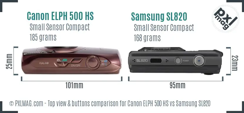 Canon ELPH 500 HS vs Samsung SL820 top view buttons comparison