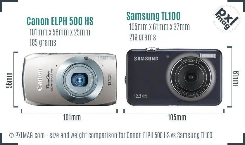 Canon ELPH 500 HS vs Samsung TL100 size comparison