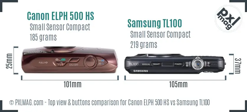 Canon ELPH 500 HS vs Samsung TL100 top view buttons comparison