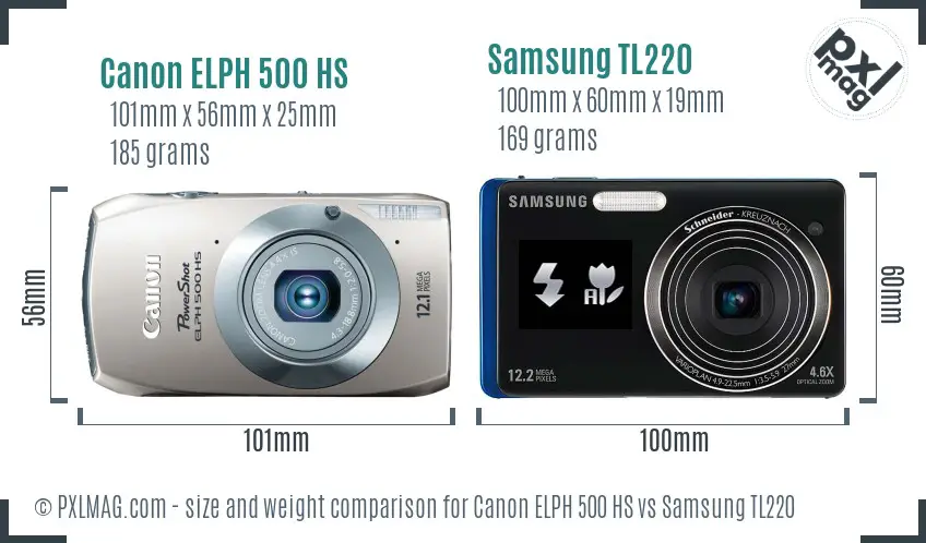 Canon ELPH 500 HS vs Samsung TL220 size comparison