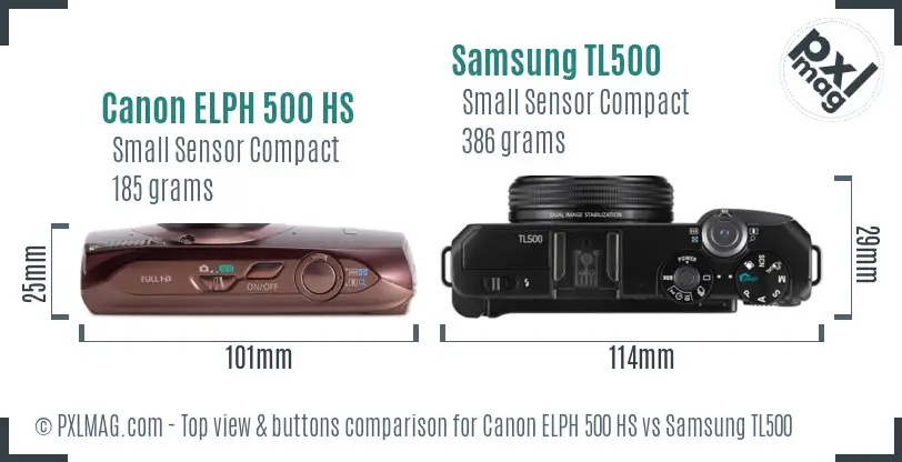 Canon ELPH 500 HS vs Samsung TL500 top view buttons comparison