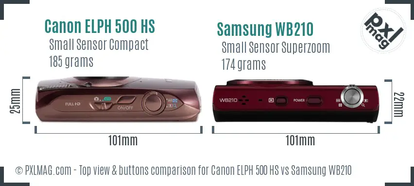 Canon ELPH 500 HS vs Samsung WB210 top view buttons comparison