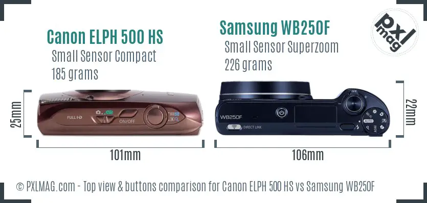 Canon ELPH 500 HS vs Samsung WB250F top view buttons comparison