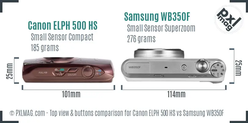 Canon ELPH 500 HS vs Samsung WB350F top view buttons comparison