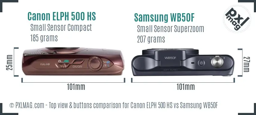 Canon ELPH 500 HS vs Samsung WB50F top view buttons comparison