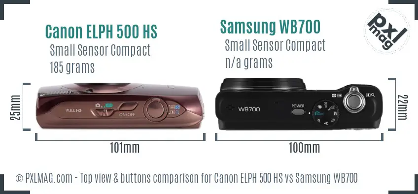 Canon ELPH 500 HS vs Samsung WB700 top view buttons comparison Canon ELPH 500 HS vs Samsung WB700 top view buttons comparison