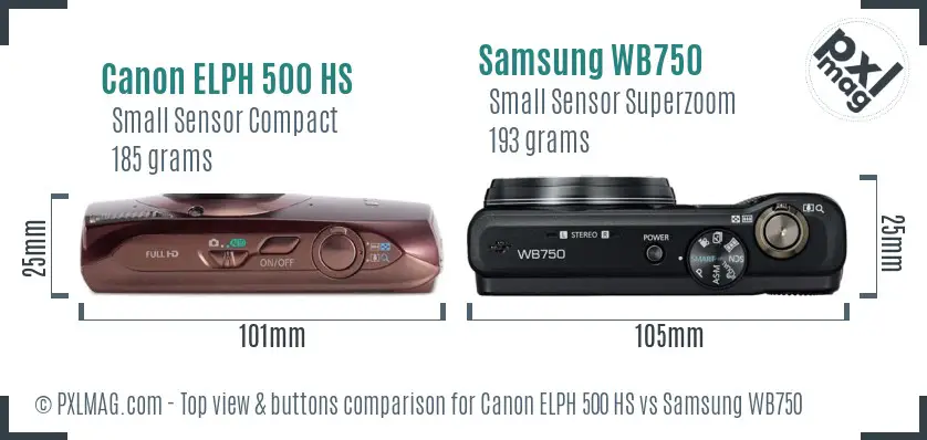 Canon ELPH 500 HS vs Samsung WB750 top view buttons comparison Canon ELPH 500 HS vs Samsung WB750 top view buttons comparison