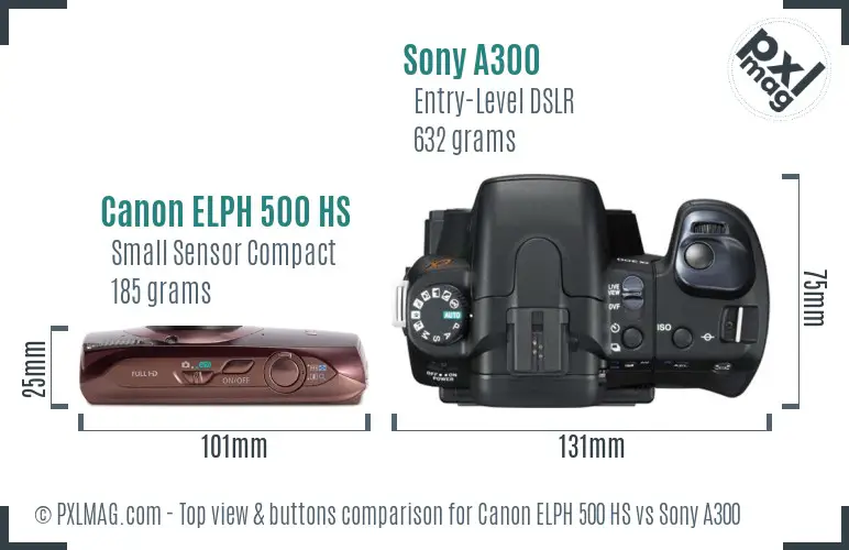 Canon ELPH 500 HS vs Sony A300 top view buttons comparison