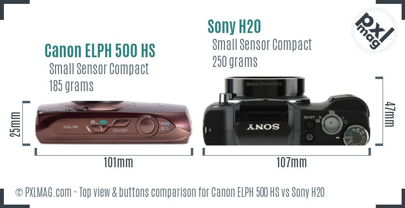 Canon ELPH 500 HS vs Sony H20 top view buttons comparison