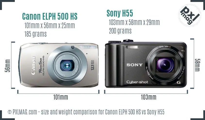 Canon ELPH 500 HS vs Sony H55 size comparison