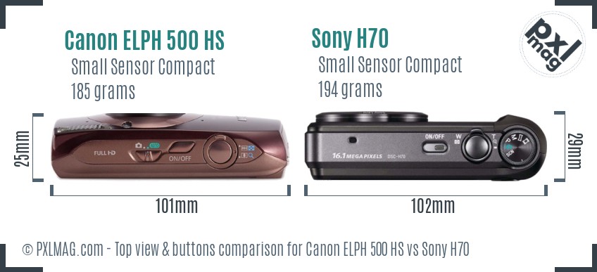 Canon ELPH 500 HS vs Sony H70 top view buttons comparison