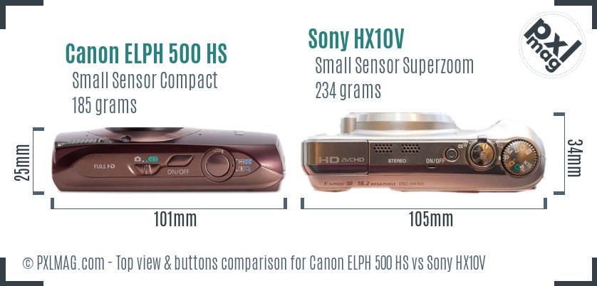 Canon ELPH 500 HS vs Sony HX10V top view buttons comparison