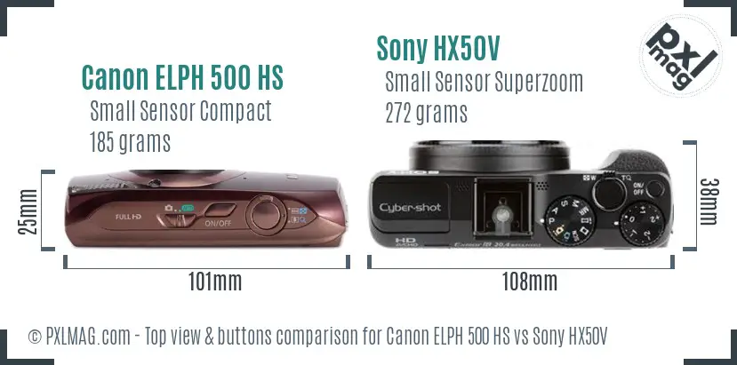 Canon ELPH 500 HS vs Sony HX50V top view buttons comparison