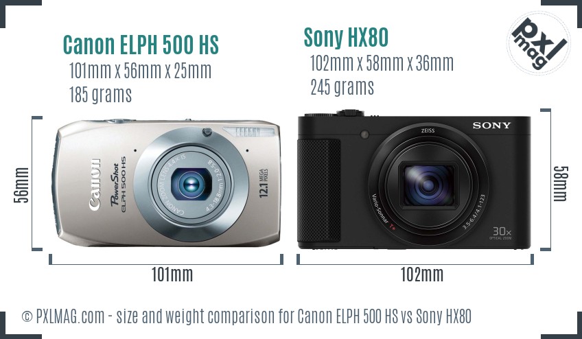 Canon ELPH 500 HS vs Sony HX80 size comparison