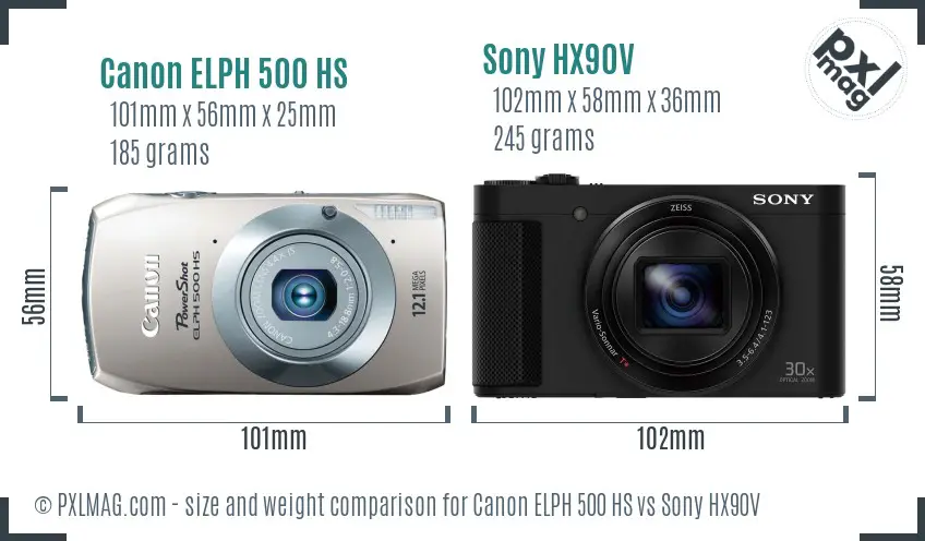 Canon ELPH 500 HS vs Sony HX90V size comparison