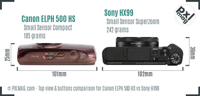 Canon ELPH 500 HS vs Sony HX99 top view buttons comparison