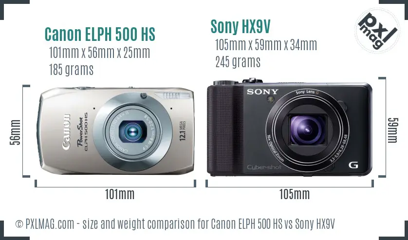 Canon ELPH 500 HS vs Sony HX9V size comparison