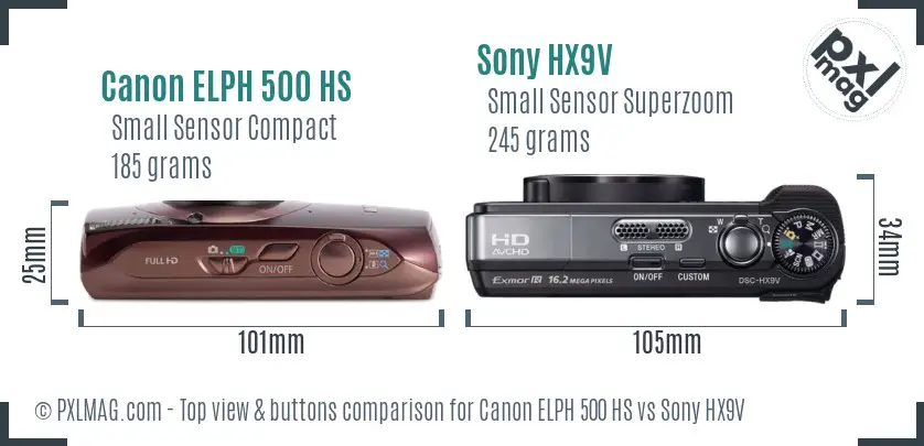 Canon ELPH 500 HS vs Sony HX9V top view buttons comparison