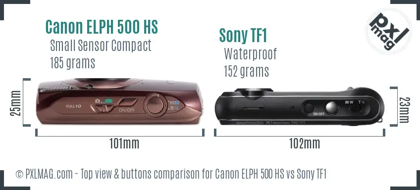 Canon ELPH 500 HS vs Sony TF1 top view buttons comparison